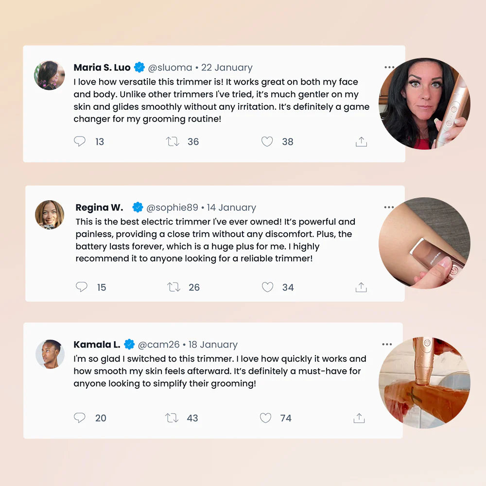 Reviews of a grooming product with user comments and product images on a beige background